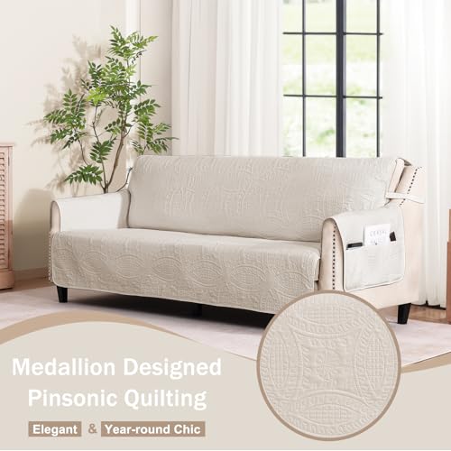 Image of Quilted Beige Grand Sofa Couch Covers, Soft Cozy Couch Protector for 4 Cushion Couch, Cover for Super Large Sofa, Oversized Grand Sofa Slipcovers Water-Repellent (Grand Sofa 88 inch, Beige Cream)