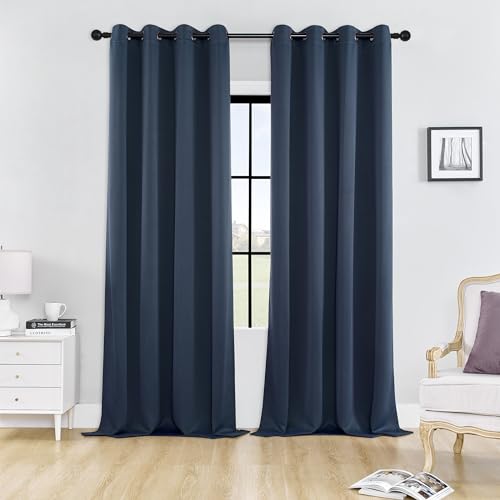 Image of HUTO Blackout Curtains and Drapes for Bedroom - Extra Long Room Darkening Thermal Insulated Solid Window Antique Copper Grommet Draperies for Living Room (Navy Blue, 1 Pair, 52 x 96-Inch)