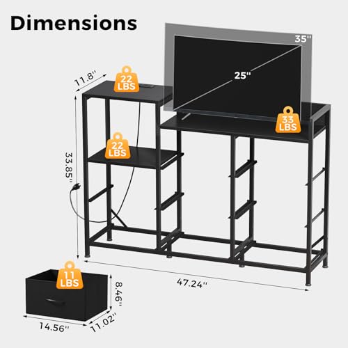 Image of NEWBULIG Media Console Dresser TV Stand for 45 inch with 8 Fabric Drawers & Open Shelves, Wooden Top Entertainment Center with LED Lights & Charging Station for Bedroom, Black