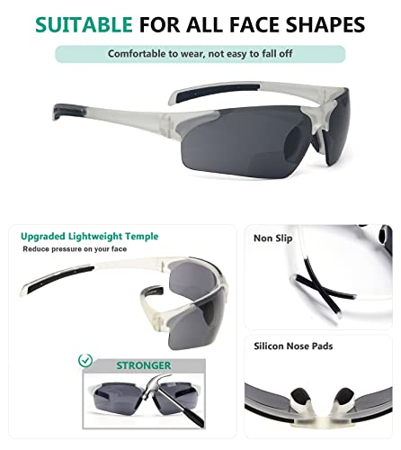 Eyekepper TR90 Unbreakable Sports Half-Rimless Bifocal Sunglasses Baseball Running Fishing Driving Golf Softball Hiking Clear Frame Grey Lens +1.754