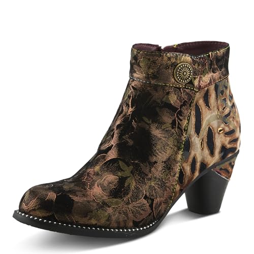 Spring Step L'Artiste Dessalynn Heeled Booties - Suede Velvet Floral Animal Print Ankle Boots - Side Zipper Decorative Button Sculpted 2 1/4 Inch Mid-Heel