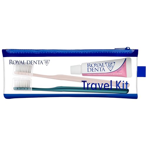 Royal Denta Travel Kit Duo Sensitive - Juego de cepillo de dientes y pasta de dientes de viaje con pasta de dientes de hidroxiapatita de 20 g, 2 cepillos de dientes extrasuaves plateados, tapas de