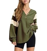 ENFOLD SLEEVE－LAYERED PULLOVER EXLURA Women's Oversized V Neck Henley Shirt Patchwork 2024
