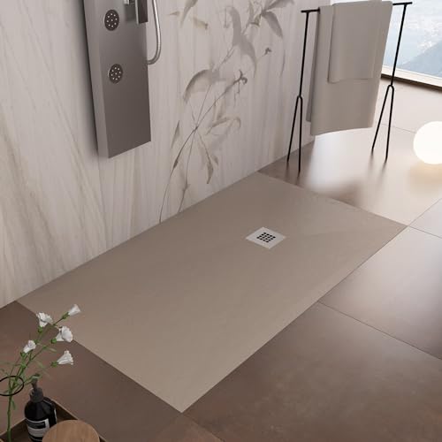 Receveur De Douche marbre minéral Blanc Mat Avec Grille Et Siphon Pierre Ciment - 80 x 160