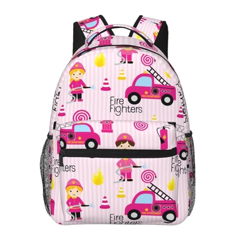 HKHEHOP Cute Pink Firefighter Girl Girly Backpack For School Laptop Bags Bookbag Big Casual Daypack For Student Girls Boys Kids Teens Travel Sports Work