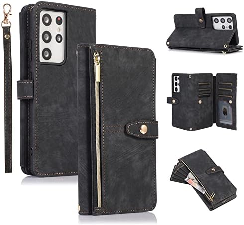 UEEBAI Wallet Case for Samsung Galaxy S21 Ultra 5G, Retro 9 Card Holder Slots Zipper Pocket Handbag Case PU Leather Magnetic Closure Kickstand with Wrist Strap TPU Shockproof folio Case - Black