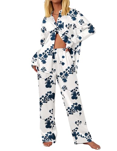 Ekouaer Womens Satin Silky Pajama Set 2 Piece Print PJs Soft Loungewear Button Down Sleepwear with Elastic Waist Long Pants