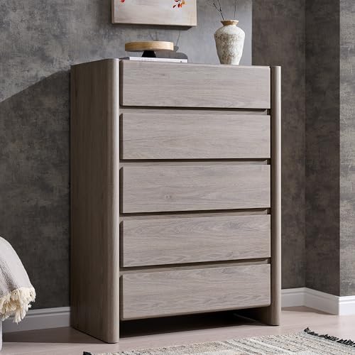 ALLTUFO Modern 5 Drawers Dresser for Bedroom, Chests of Drawers-Light Grey | 43" Tall Dresser w/Rounded Corner, Wood Handleless Dresser w/Large Storage & Natural Texture for Bedroom, Living Room