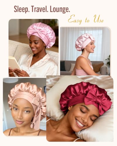 Image of BONNET QUEEN Satin Bonnet Silk Bonnet for Sleeping Women Hair Bonnet Night Sleep Cap Scarf Wrap for Curly Hair with Tie Band Red Burgundy