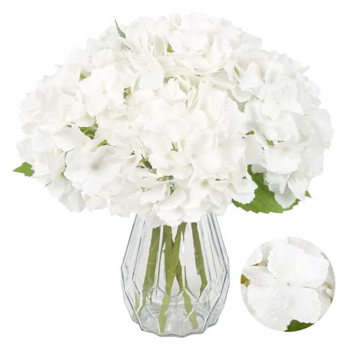 IPOPU Real Touch Hydrangea Artificial Flowers 6pcs Faux Hydrangea Flowers with Short Stems Pure White Latex Flowers for Home Wedding Bouquet Arrangement Babby Shower Party Decoration (Pure White)