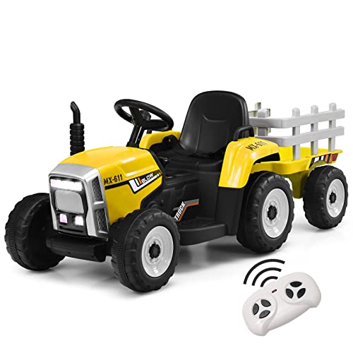 GOPLUS Tractor Eléctrico 12V para Niños de 3+ Años, Coche Eléctrico Infantil con Remolque y Control Remoto 2,4G, Vehículo Eléctrico con Faro LED Música Bluetooth, 3-8km/h, Carga Máxima 30KG, Amarillo