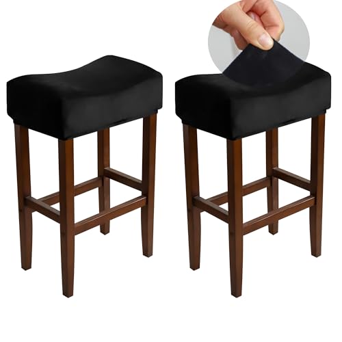 Image of Velvet Rectangle Bar Stool Covers Set of 2 Black Stretch Rectangular Saddle Bar Stool Slipcovers 17-20 Inch Counter Height Chair Slipcovers for Kitchen Island & Vanity (Velvet Black)