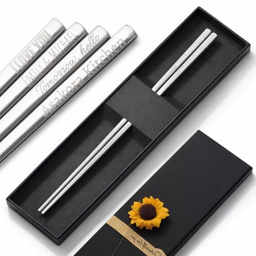 Personalized Metal Chopsticks, Custom Stainless Steel Reusable Silver Chopsticks Engraved with Name,...
