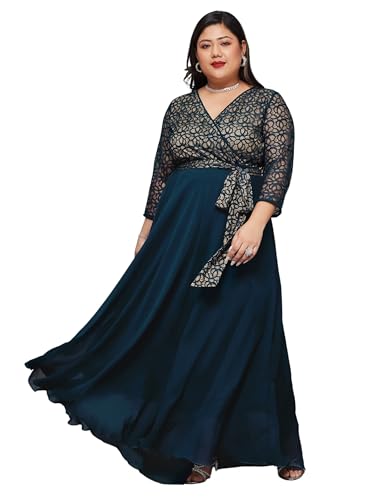 Image of Miss Chase A+ Women's Floral Printed Relaxed Fit V -Neck 3 /4Th Sleeve Georgette Maxi Dress