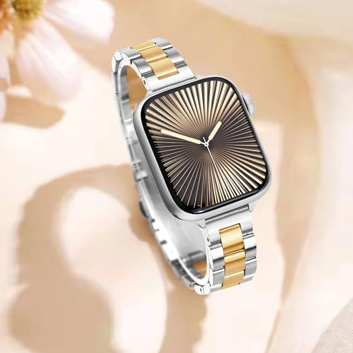 Image of Melyis Slim Metal Band Compatible with Apple Watch Bands for Women 42mm 40mm 41mm 38mm, Premium Stainless Steel Classic iWatch Bands for Apple Watch Band Series 1110 9 SE 8 7 6 5 4 3 2 1-Gold and Silver