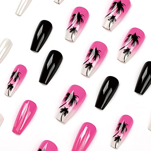 24 Pcs Medium Press On Nails Coffin Fake Nails Spring Summer Palm Tree Pattern Acrylic False Nails With Glitter Gradient Rose Pink Black And White Designs Glossy Glue On Nails For Women Girls Reusable Nails #TOP3
