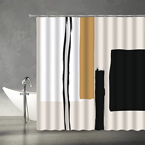 Tenvsin Abstract Modern Shower Curtain Black Beige Geometric Neutral Minimalist Fashion Geometry Simple Contemporary Fabric Bathroom Decor Set With Hooks（70" Wx70 H） #TOP1