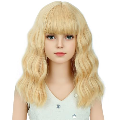 Image of Light Blonde Wig Short Blonde Wavy Curly Wigs Wig with Air Bangs Synthetic Cosplay Hair Wigs