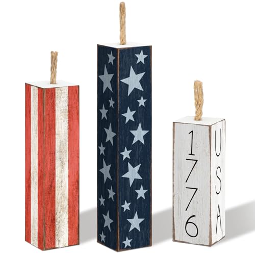 Amyhill 3 Pcs 4th of July Decorations Set Wooden Patriotic Table Centerpieces Independence Day Wood Firework Fourth of July Table Signs for 250th Anniversary Home Farmhouse Decor (Classic Style)
