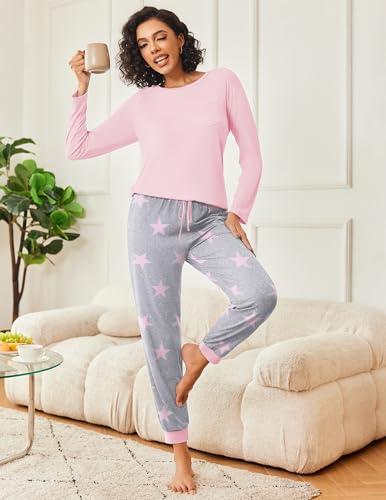 Image of Ekouaer 2 Pack Womens Pajama Sets Long Sleeve Pjs Soft Comfy Lounge Set