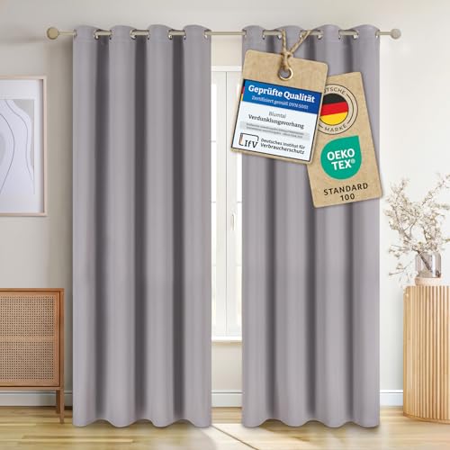 Blumtal Verdunklungsvorhänge 2er Set - Thermovorhang Hitzeschutz - Vorhang Blickdicht mit Ösen - Gardinenschals mit Schlaufen - Thermovorhang-Gardinen 245x140cm - blickdichte Gardinen - Grau