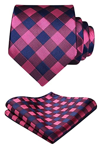 Image of HISDERN Ties for Men Plaid Checkered Tie with Pocket Square Woven Business Formal Necktie Handkerchief Set Wedding Party