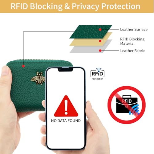 Image of WOZEAH Leather Credit Card Holder for Women Wallet RFID Blocking Zipper Wallet Card Case Business(Green)