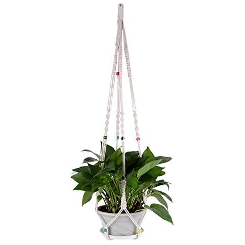 Scoolr Macrame Plant Hanger, Cotton Rope Wall Hanger Indoor Plant Pots Hanging Planter Basket with Key Ring and Boho Beads Home Decoration for Ceiling Outdoor Garden Balcony Hanging Basket Holder Cover