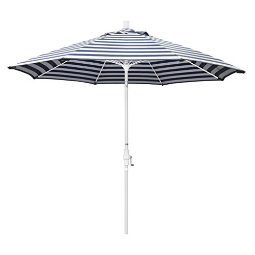 California Umbrella 9' Round Aluminum Pole Fiberglass Rib Patio Umbrella, Crank Lift, Collar Tilt, White Finish, Woven Navy/White Stripe
