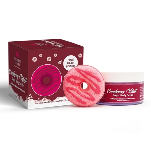Image of The Body Bucket Cranberry Velvet Sugar Body Scrub- 200g | Included Free Bath Bomb | 3-in-1 Exfoliator, Cleanser, Moisturizer | De-Tan & Brightens Dark Areas| Smooths Strawberry Legs & Arms | Sulfate & Paraben Free