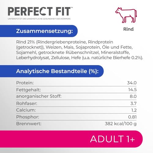 PERFECT FIT Adult Trockenfutter für erwachsene, aktive Katzen ab 1 Jahr - Rind, 7 kg (1 Beutel)