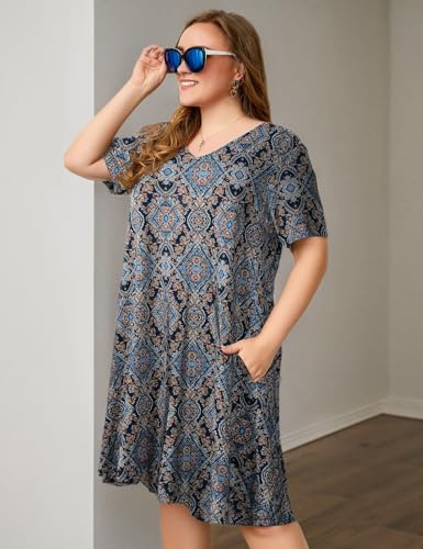 Image of OVERWORETY Womens Short Sleeve Plus Size T-Shirt Dress V Neck Casual Loose Swing A-Line Summer Tunic Dresses with Pockets