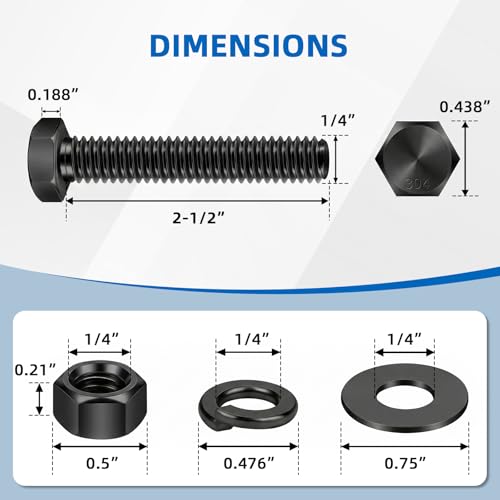 Image of Mellewell 1 /4-20 x 2-1 /2 inch Hex Head Screws Bolts, Nuts, Flat & Lock Washers, Fully Threaded, Stainless Steel 18-8, Black Finish, 8 Sets