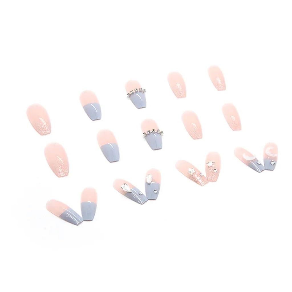 24 Pcs/box Colourful Transparent Diamonds Press-on Nails Long False Stars And Moon Removable