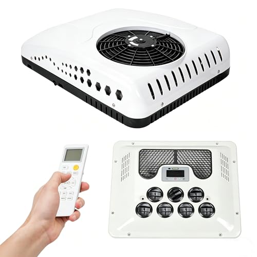 DC 12V RV Air Conditioner 15000 BTU Rooftop A/C Unit with Cooling & Heating 3-Speed Fan Digital Control Panel High Efficiency RV AC Unit for Camper Van Trailer Motorhome Bus Truck