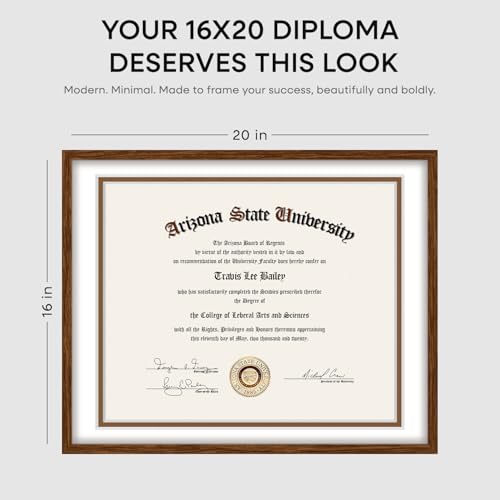 Image of Homeforia 16x20 Diploma Brown Frame, High End Dark Oak 20x16 Certificate Wood Frame with Mat 14x17, 16 x 20 Walnut Wooden Graduation Degree Frame Matted to 14 by 17, Tempered Glass, Wall Kit, Set of 3