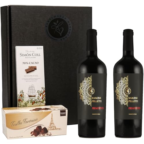 Geschenkset 2 x Rotwein Primitivo mit Schokoladentrüffeln und dunkler Schokolade