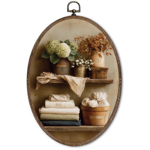 FLAWAFLOMA Vintage Laundry Room Oval Wall Art Decor, Rustic Farmhouse Canvas Wall Art Framed, Cottagecore Floral Botanical Laundry Hanging Decorations for Bathroom Washroom Decor, 8.6x11.4 Inch