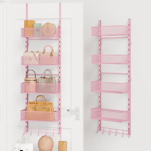 SWTYMIKI Over the Door Purse Organizer - Wall Mounted Purse Rack with 4 Adjustable Metal Basket and 6 Hooks, Hanging Bag Rack for Handbag Organizer, Bag Storage Can Use As 1/2 Part, for Door, Closet