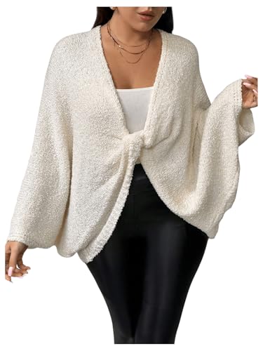 Verdusa Women's Plus Size Twist Knot Oversized Sweaters V Neck Long Sleeve Pullover Tops