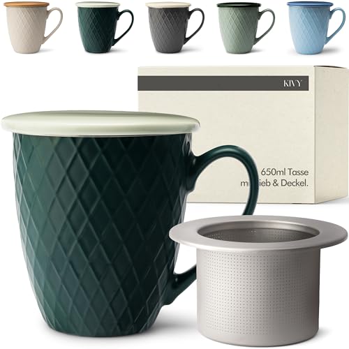 KIVY Große Teetasse mit Deckel und Sieb - 650ml - XXL Tasse Groß - Teetasse mit Sieb Groß - Jumbotasse - Tasse mit Deckel - Großer Teebecher XXL - Tassen Gross
