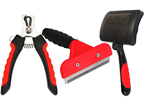 LucyBelle - 3 Piece Pet Grooming Kit for Deshedding and Dematting Dogs and Cats - shedding tool, slicker brush, and nail clipper