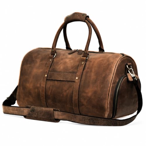 Muskie Leather Duffle Bag with Shoe Compartment, 21 Inch Full Grain Buffalo Leather Carry On for Men & Women, Airplane Travel Weekend Overnight Gym Duffel