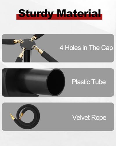 RoadHero Plastic Stanchion Post, Black Velvet Ropes and Poles with Weighted Base, Ropes Safety Barriers for Crowd Control, Party and Movie Theater, 4 PCS - Thumbnail 7