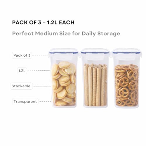 Image of LocknLock Airtight Food Storage Containers 1.2 Litre (Pack of 3) | BPA Free Plastic Kitchen Storage Dabba Set | Leakproof 4 Side Lock | Stackable Square Fridge Organizer | Transparent