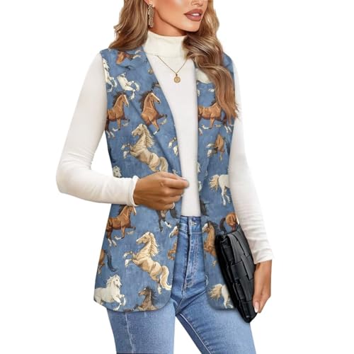 Novelty Prints Sleeveless Vest Blazer for Women Casual Open Front Cardigan Vest Office Lapel Button Long Blazers2