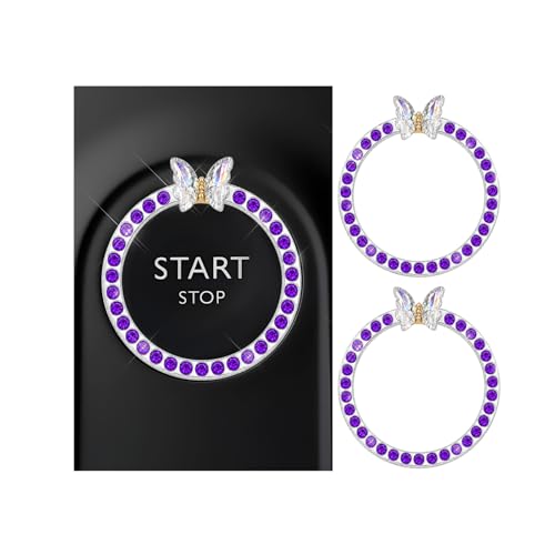 Image of DXNQ 2PCS Bling Ring Emblem, Sparkling Butterfly Car Buttons and Knobs Ring, Girly Butterfly Diamond Car Engine Start Button Cover, Key Ignition Knob Rings Decoration for Women (Purple, Single Row)