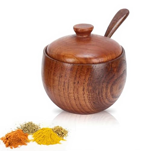 Uadme Salzdose aus Holz, Salzkeller mit Deckel und Löffel, Vielseitige Massivholz Gewürzgläser, zur Aufbewahrung von Salz, Zucker, Pfeffer,...