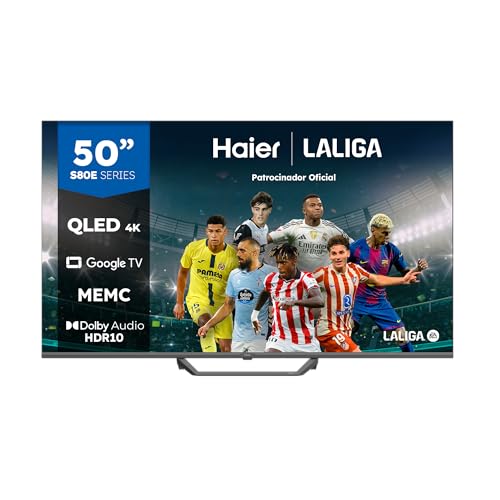 Haier QLED 4K UHD H50S80EUX - Smart TV 50, Google TV, Dolby Audio, HDR 10, Smart Remote Control, Google Assistant, Bluetooth 5.1, DBX TV, HDMI 2.1 x 4, Sin Marcos, 2024