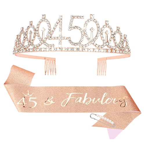 CIEHER 45th Birthday Crown and Sash 45 & Fabulous Sash 45th Birthday Decorations for Women - Rose Gold